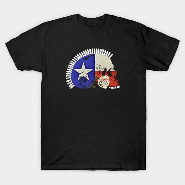 Texas Flag Skull with Bullet Mohawk and White Rose T-Shirt by RawSunArt